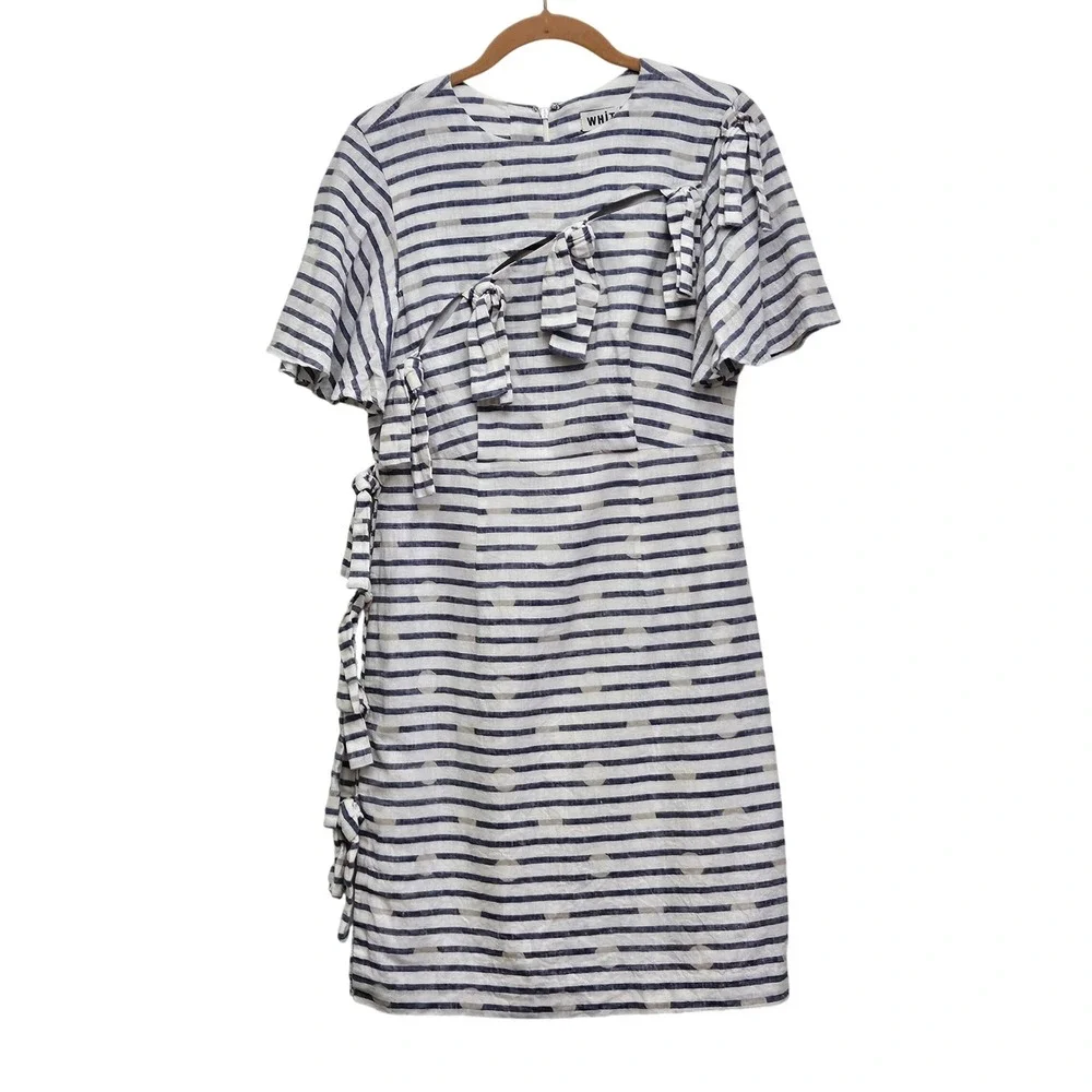 WHIT Linen Cotton Dress Womens 4 Blue White Striped Polka Dot Cutout Tie Shift